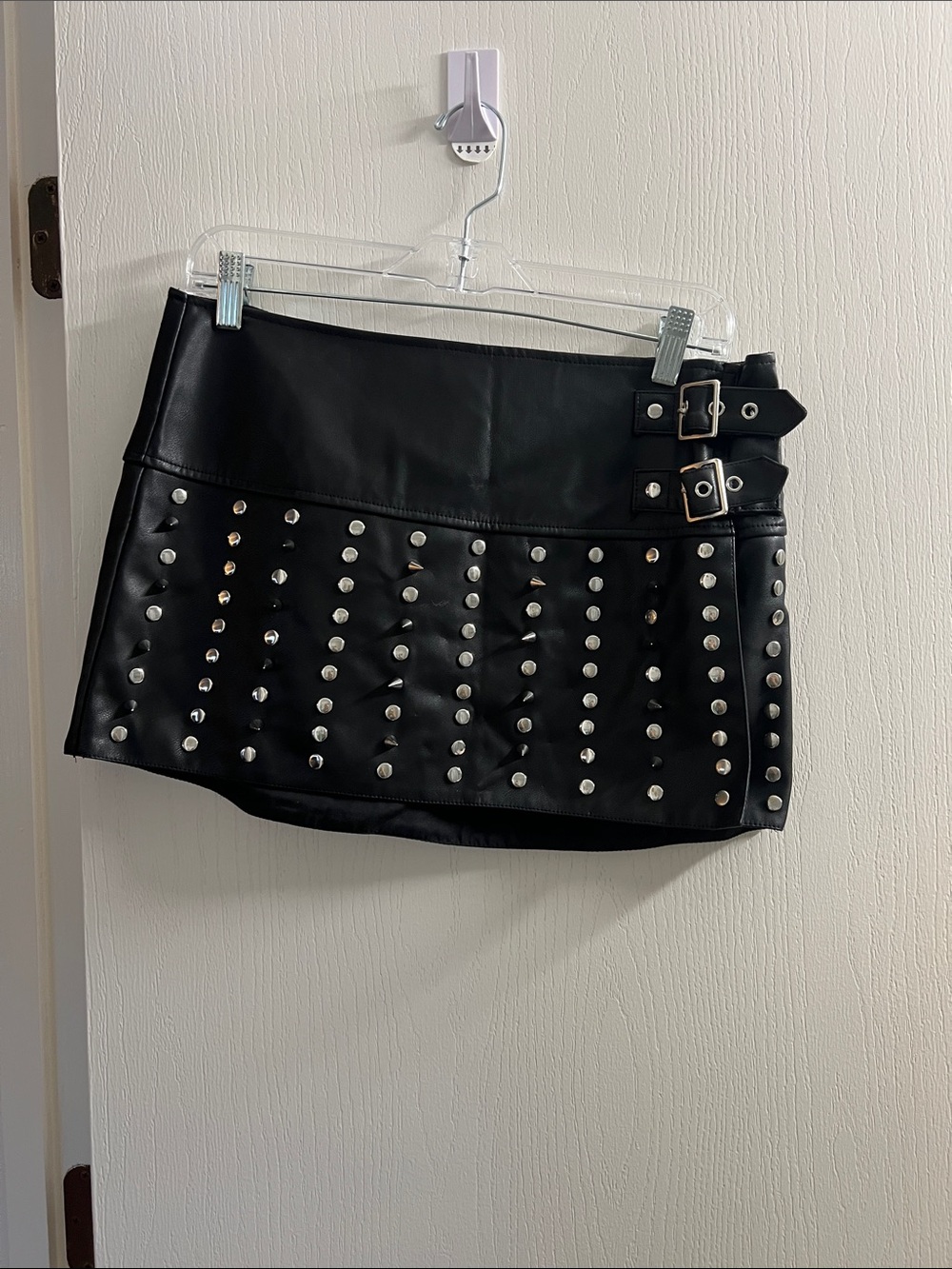 Current Mood Black Faux Leather Studded Mini Skirt with Buckle Straps